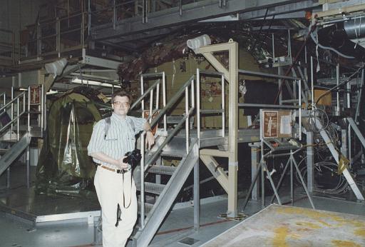 Jim Plaxco in front of the under-construction Space Shuttle Endeavour at Rockwell's Palmdale CA facility - May 1990.