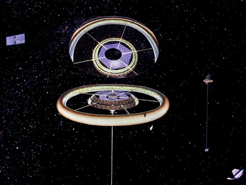 NASA art of the exterior view of a Stanford Torus space colony hosting a population of 10,000.