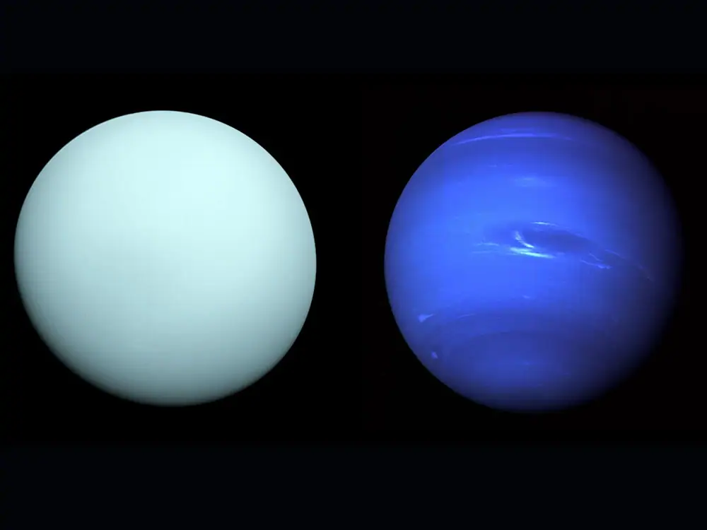 Uranus (left) and Neptune (right) as imaged by the Voyager 2 spacecraft.