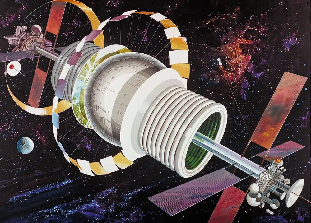 Artist concept of an exterior view of a Bernal Sphere space colony, home to a population of 10,000.