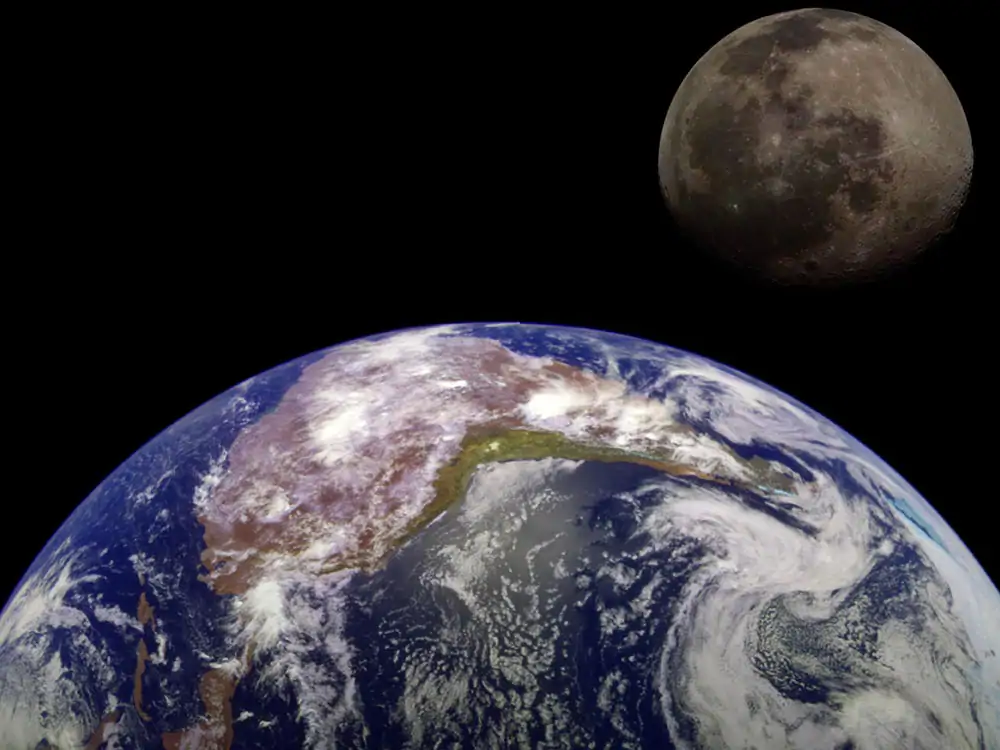 In 1992, the Galileo spacecraft returned images of the Earth and Moon. The two images of the Earth and Moon were combined to generate this view.