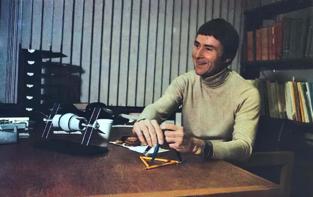 Gerard K. O'Neill at desk with Bernal Sphere Space Settlement Model