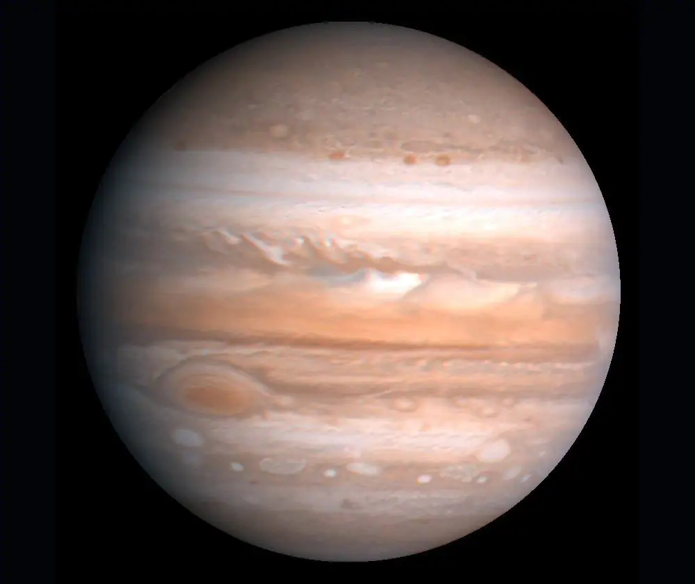 A color image of Jupiter created by the U.S. Geological Survey from a 1979 image taken by the Voyager spacecraft.