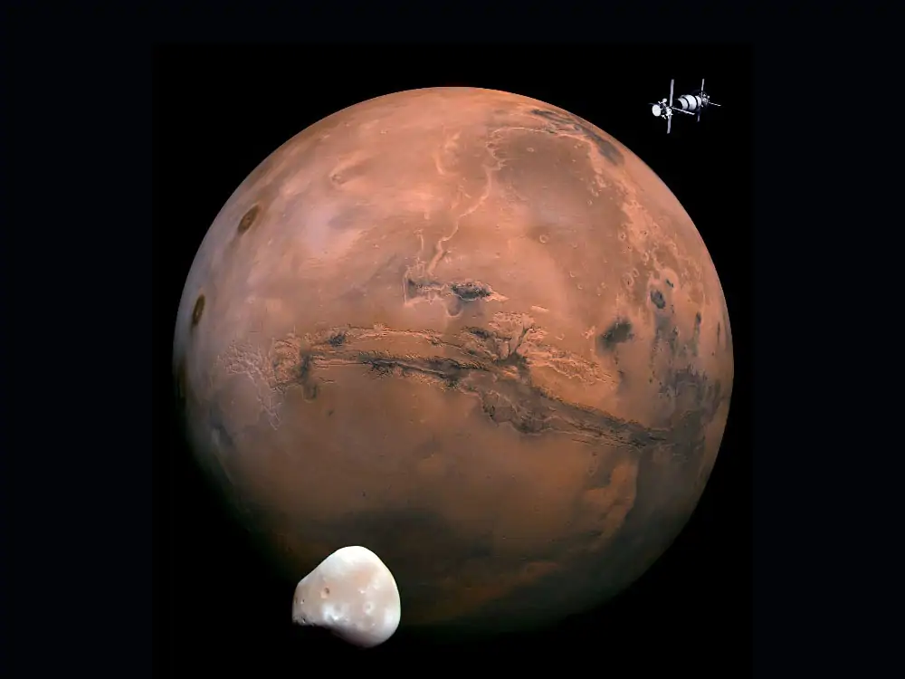 A composite image of Mars (the Red Planet), the Martian moon Deimos, and a Bernal Sphere space colony.