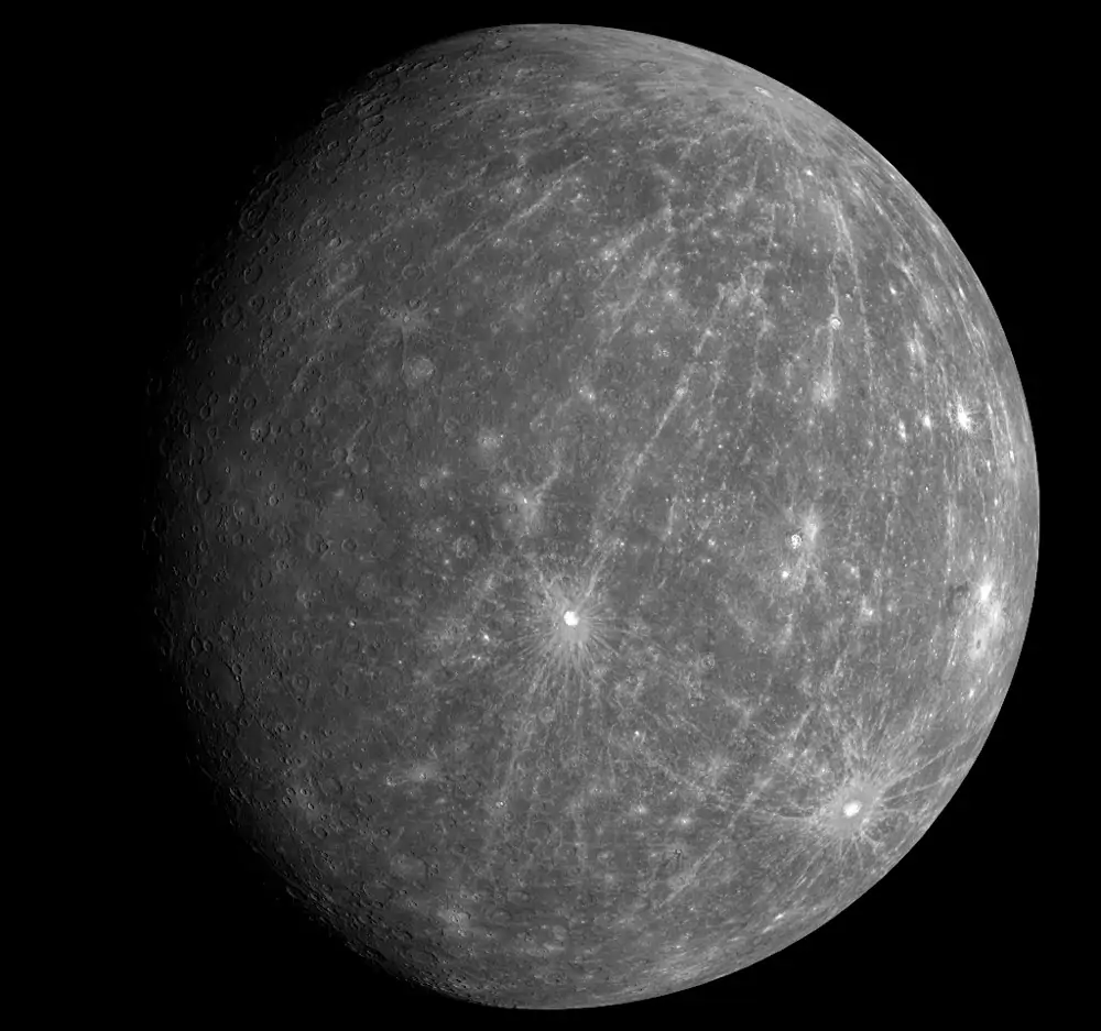 The innermost planet Mercury featuring Kuiper Crater as revealed by the Messenger (MErcury Surface, Space ENvironment, GEochemistry, and Ranging) spacecraft.