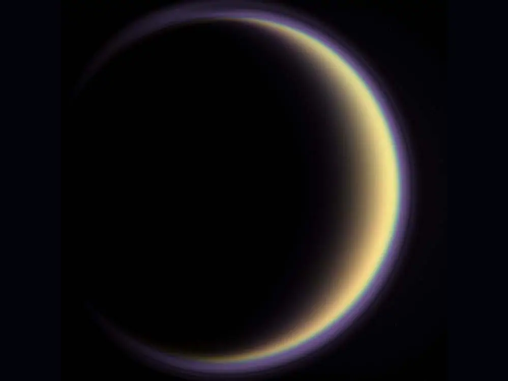 An image of Saturn's moon Titan taken by the Cassini spacecraft.