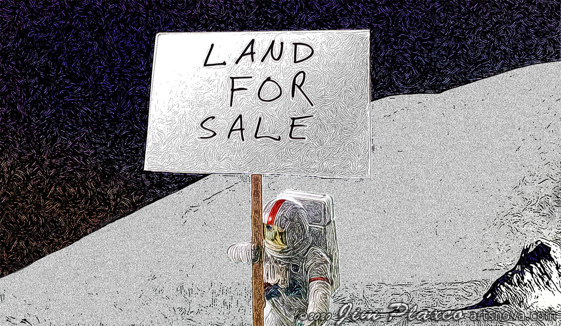 Property rights and lunar land for sale sign with astronaut